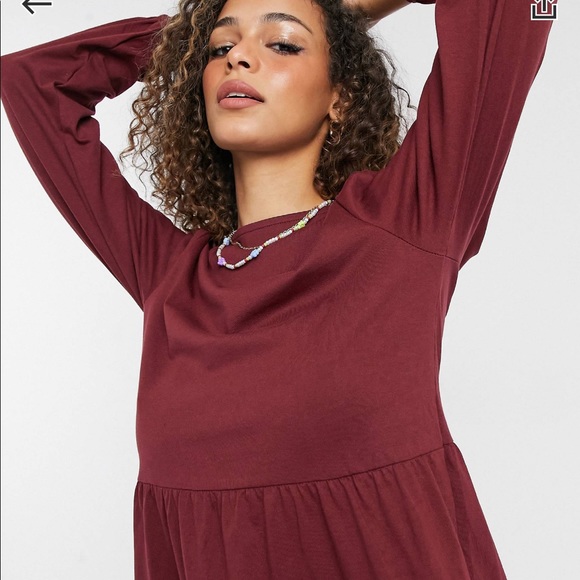 Smock mini dress with tiered hem with long sleeves in port - Picture 3 of 6